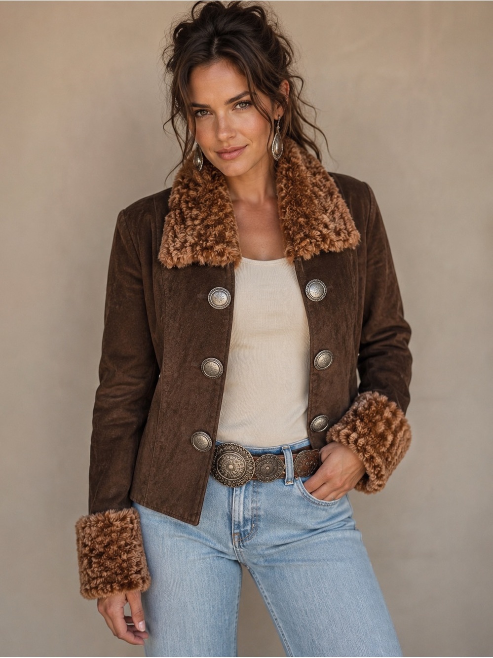 Double D Ranch Survivor Suede Rabbit Fur Jacket L Vintage 2002 Western Rare